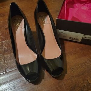 Vince Camuto Patent Black Peep-Toe Heels